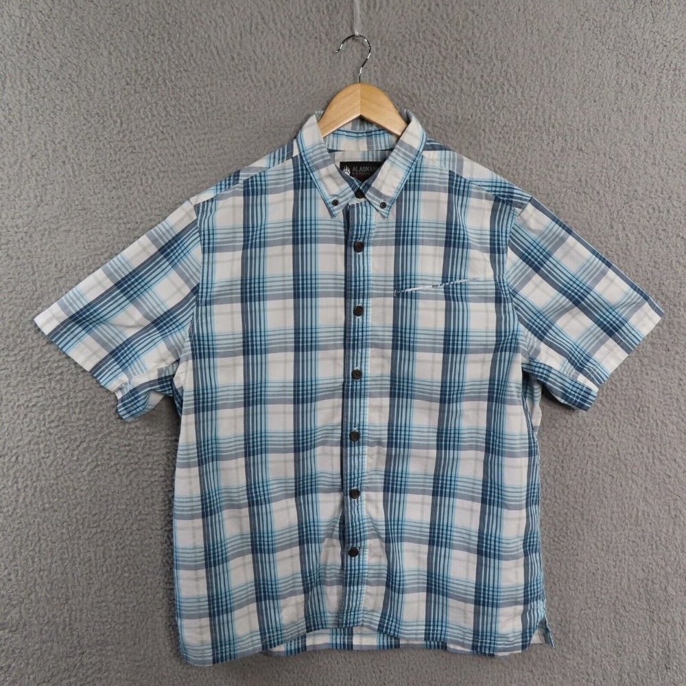 Alaskan Hardgear Duluth Trading Shirt Men Large Standard Blue White Plaid Button